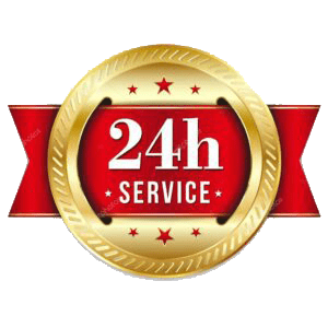 A red and gold seal with the words " 2 4 h service ".
