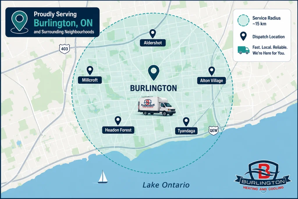 : Service area map showing furnace repair coverage across Burlington, Ontario