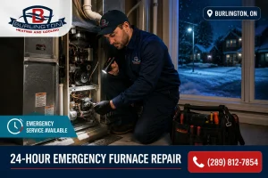 24-hour emergency furnace repair technician servicing a furnace in Burlington, Ontario at night