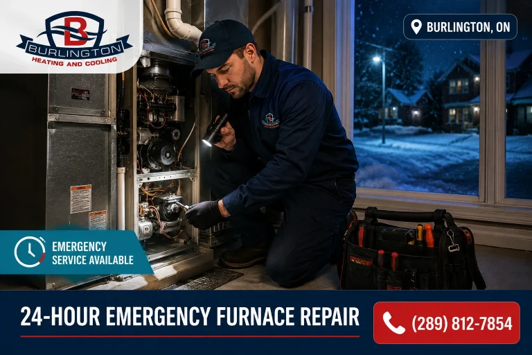 24-hour emergency furnace repair technician servicing a furnace in Burlington, Ontario at night
