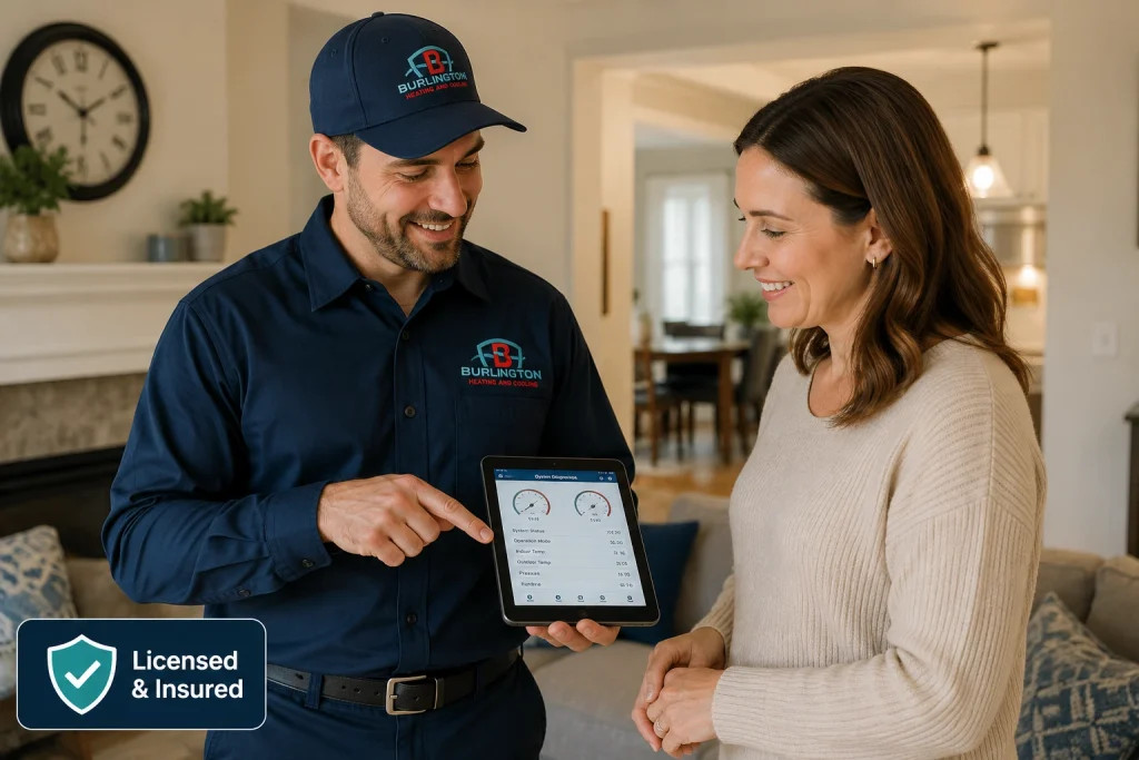 Licensed HVAC technician explaining furnace repair to a Burlington homeowner