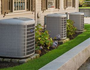 Air conditioning units beside residential building exterior.