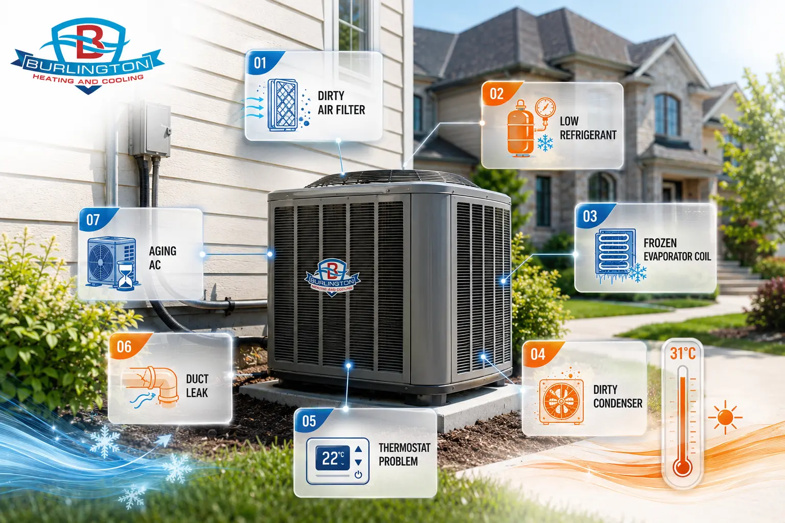 Infographic showing seven common reasons an AC is not cooling properly in Burlington