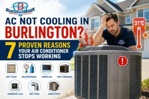 AC Not Cooling in Burlington technician inspecting outdoor air conditioner during summer