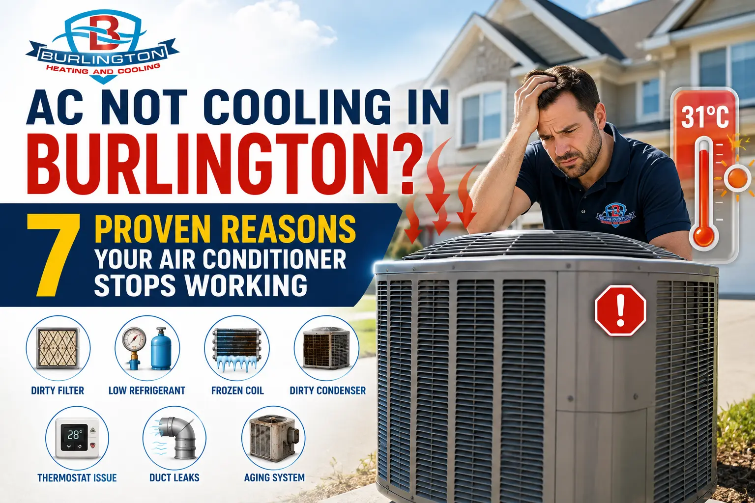 AC Not Cooling in Burlington technician inspecting outdoor air conditioner during summer