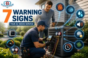 Licensed HVAC technician inspecting an outdoor air conditioner in Burlington with infographic icons showing seven warning signs that indicate AC repair is needed.