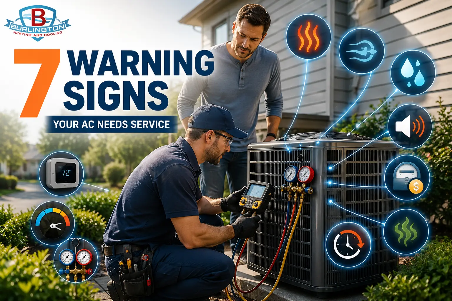 Licensed HVAC technician inspecting an outdoor air conditioner in Burlington with infographic icons showing seven warning signs that indicate AC repair is needed.