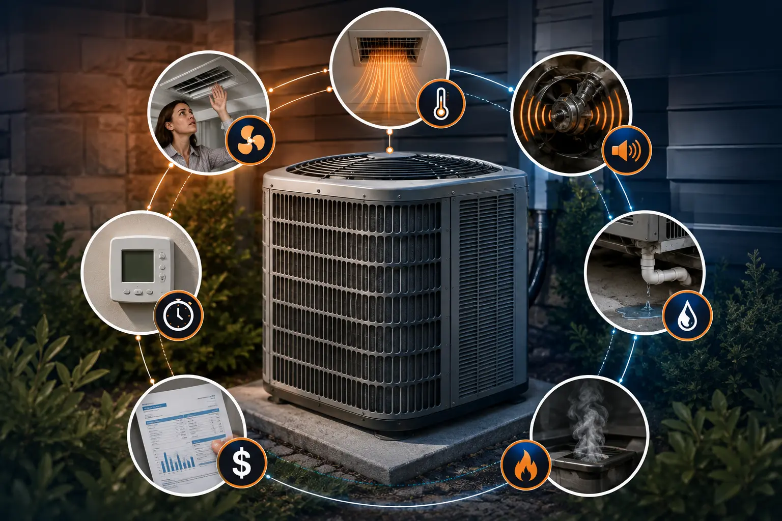 Infographic illustrating seven warning signs that an air conditioner needs repair
