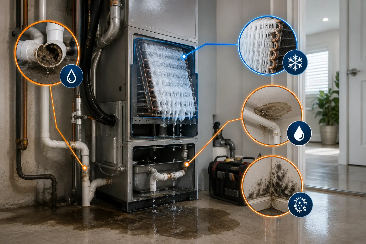 Leaking indoor air conditioner caused by a frozen evaporator coil and clogged drain