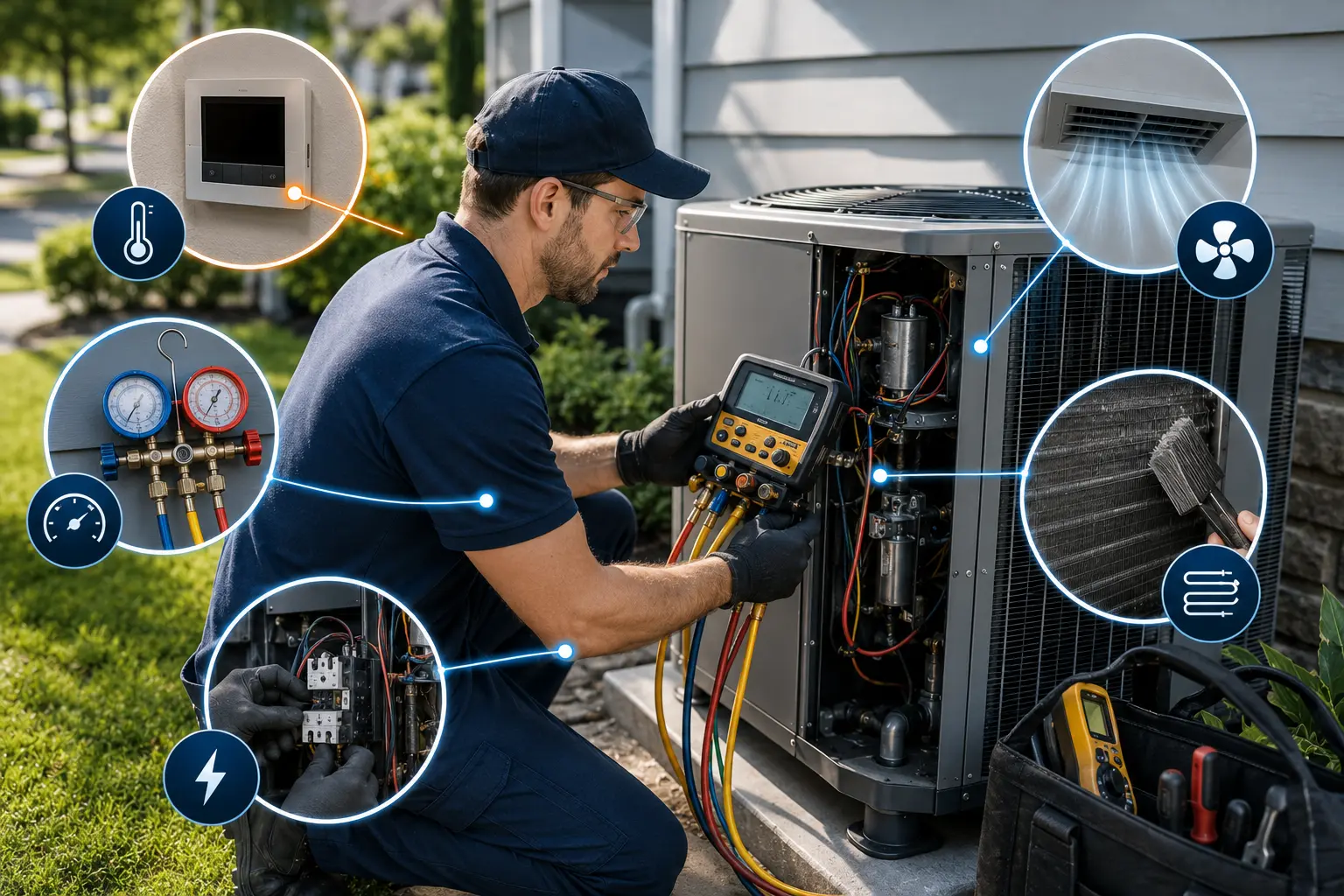 Professional HVAC technician inspecting an air conditioner during a repair appointment