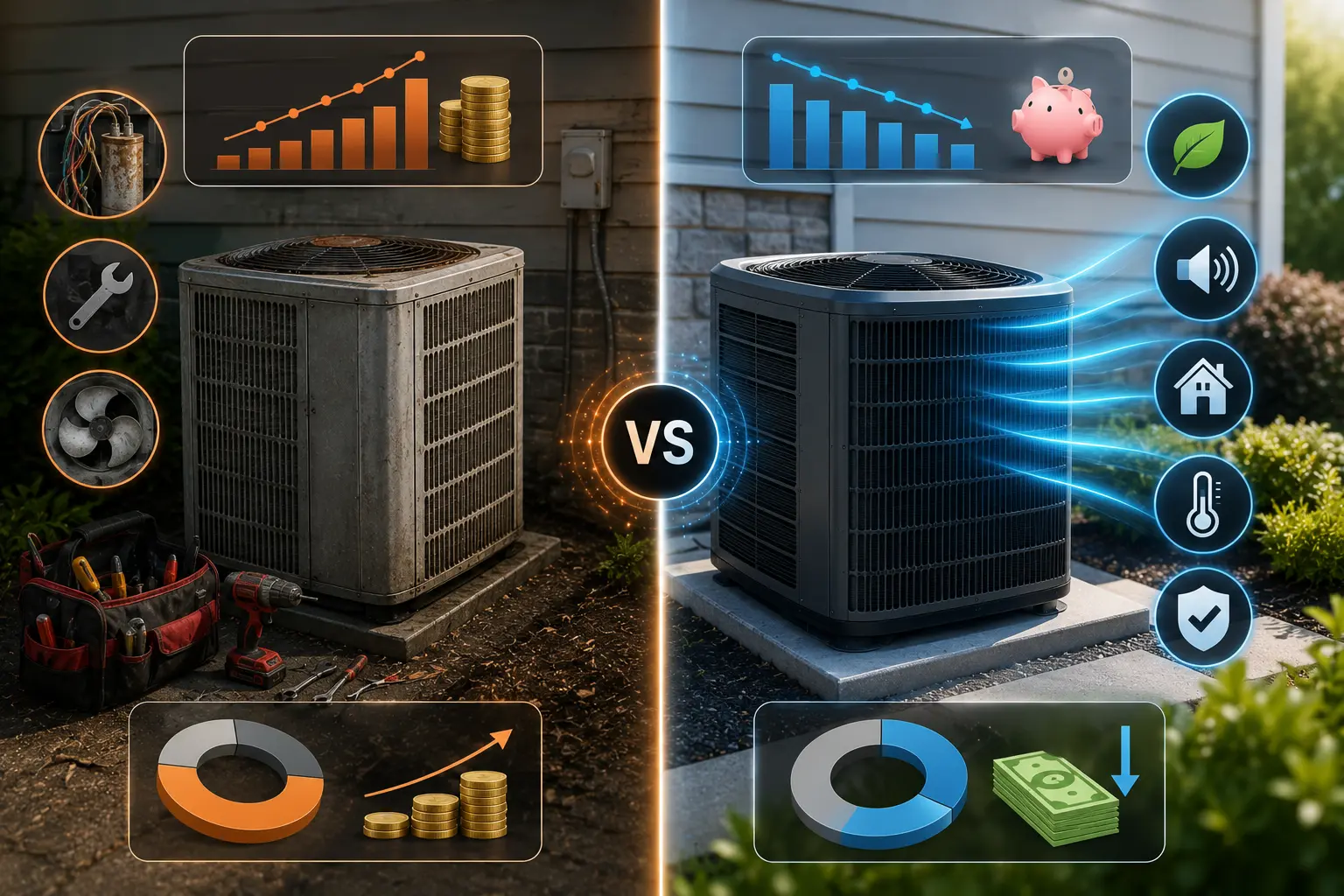 Comparison infographic showing AC repair versus air conditioner replacement