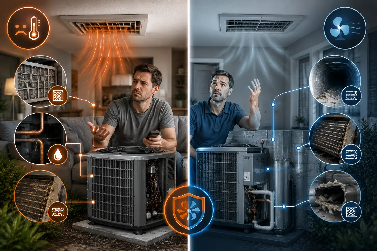 Warm air and weak airflow are common signs of AC repair problems