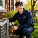 AC maintenance in Burlington HVAC technician inspecting outdoor condenser unit in spring