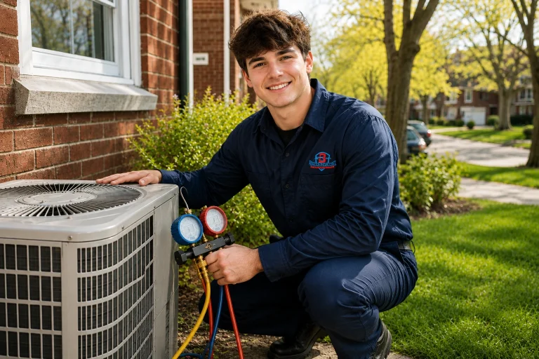 AC maintenance in Burlington HVAC technician inspecting outdoor condenser unit in spring