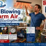 Homeowner troubleshooting why AC Is Blowing Warm Air in Burlington with thermostat, dirty air filter, blocked outdoor condenser unit, and HVAC repair diagnostic tools during summer.