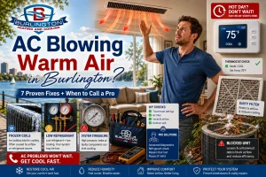 Homeowner troubleshooting why AC Is Blowing Warm Air in Burlington with thermostat, dirty air filter, blocked outdoor condenser unit, and HVAC repair diagnostic tools during summer.