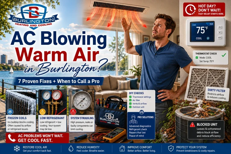 Homeowner troubleshooting why AC Is Blowing Warm Air in Burlington with thermostat, dirty air filter, blocked outdoor condenser unit, and HVAC repair diagnostic tools during summer.