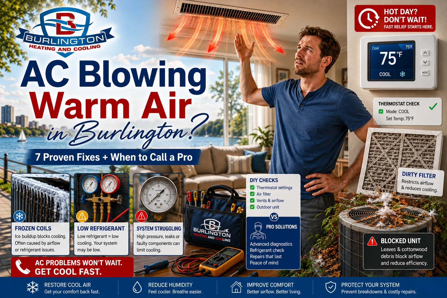 Homeowner troubleshooting why AC Is Blowing Warm Air in Burlington with thermostat, dirty air filter, blocked outdoor condenser unit, and HVAC repair diagnostic tools during summer.