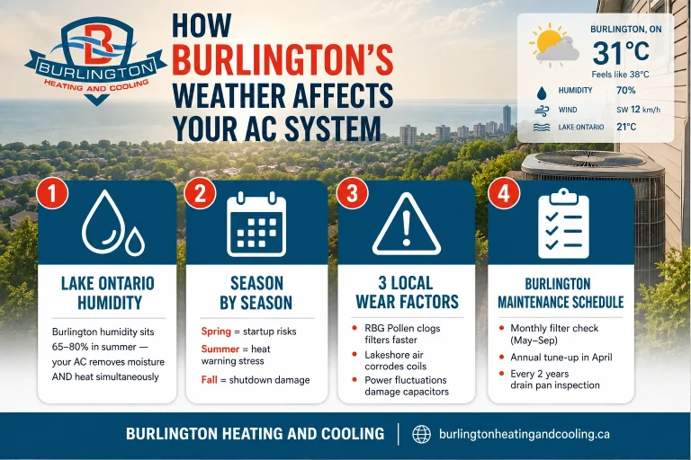 Burlington homeowner's outdoor AC condenser unit on a humid summer day near Lake Ontario- Burlington air conditioning needs