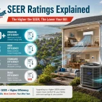 SEER ratings for air conditioners in Burlington — efficiency scale showing SEER 14 to 20+ with annual energy savings comparison for Burlington homeowners