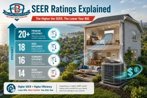 SEER ratings for air conditioners in Burlington — efficiency scale showing SEER 14 to 20+ with annual energy savings comparison for Burlington homeowners