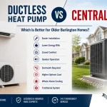 Ductless heat pump vs central AC comparison for older Burlington homes showing a ductless mini-split indoor unit and outdoor condenser beside a traditional central air conditioning system.