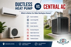 Ductless heat pump vs central AC comparison for older Burlington homes showing a ductless mini-split indoor unit and outdoor condenser beside a traditional central air conditioning system.
