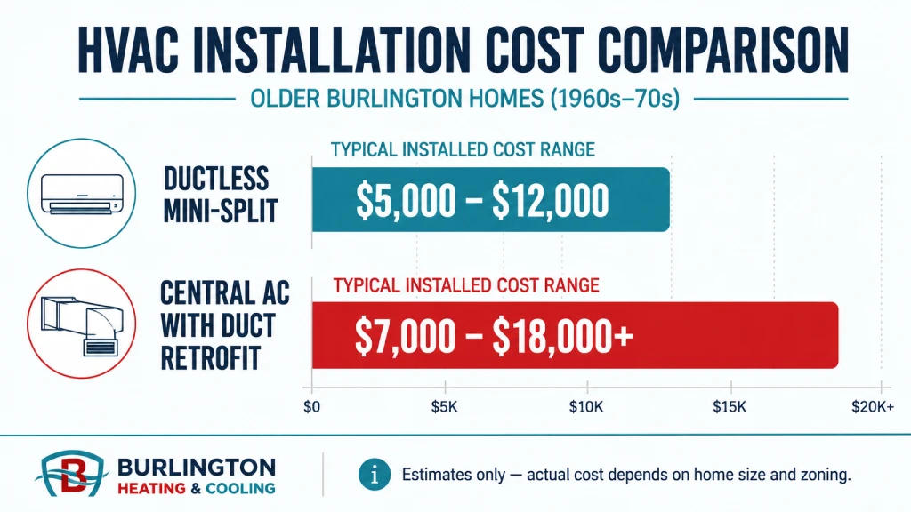 Ductless heat pump vs central AC installation cost comparison chart