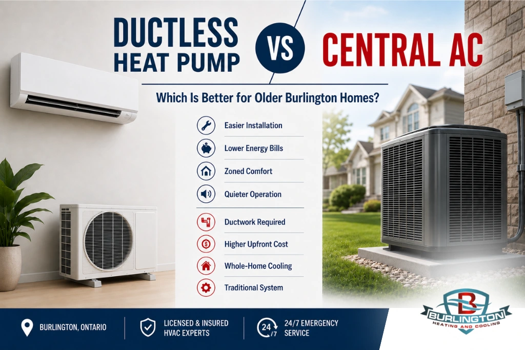 Ductless heat pump vs central AC comparison for older Burlington homes showing a ductless mini-split indoor unit and outdoor condenser beside a traditional central air conditioning system.