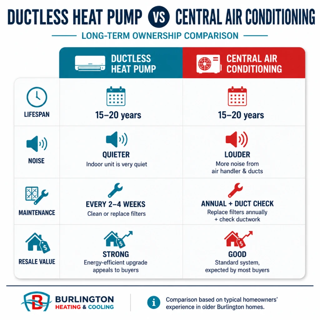 Heat pump vs central AC lifespan noise and maintenance comparison
