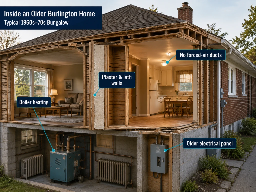 Older Burlington home with no ductwork and plaster walls