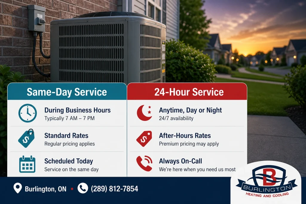 Infographic comparing same day AC service Burlington and 24 hour AC repair response times and pricing