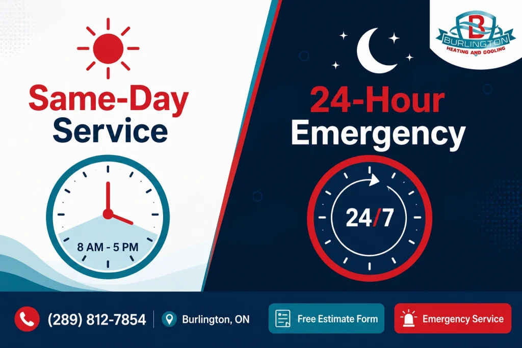 Infographic comparing same-day AC service and 24-hour emergency AC repair response times in Burlington