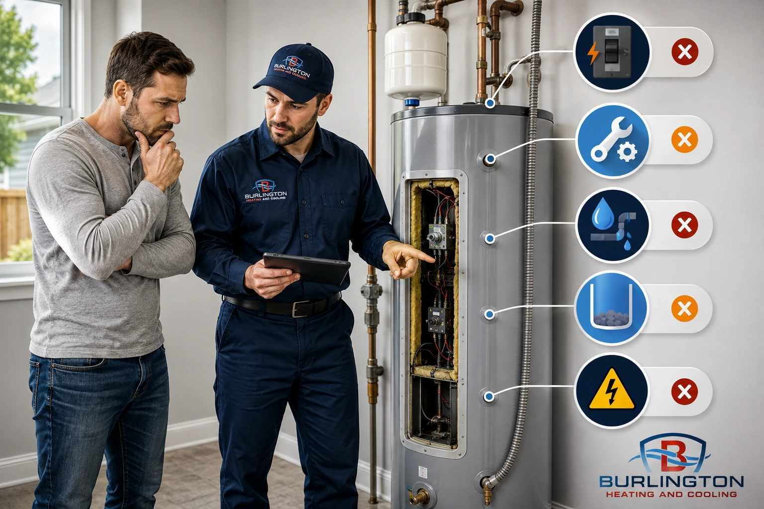 electric water heater repair in Burlington troubleshooting infographic showing common causes of no hot water