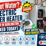 Licensed technician repairing an electric water heater with no hot water in a Burlington, Ontario home, with infographic icons showing common problems including a tripped breaker, faulty thermostat, burned-out heating element, sediment buildup, and repair solutions.