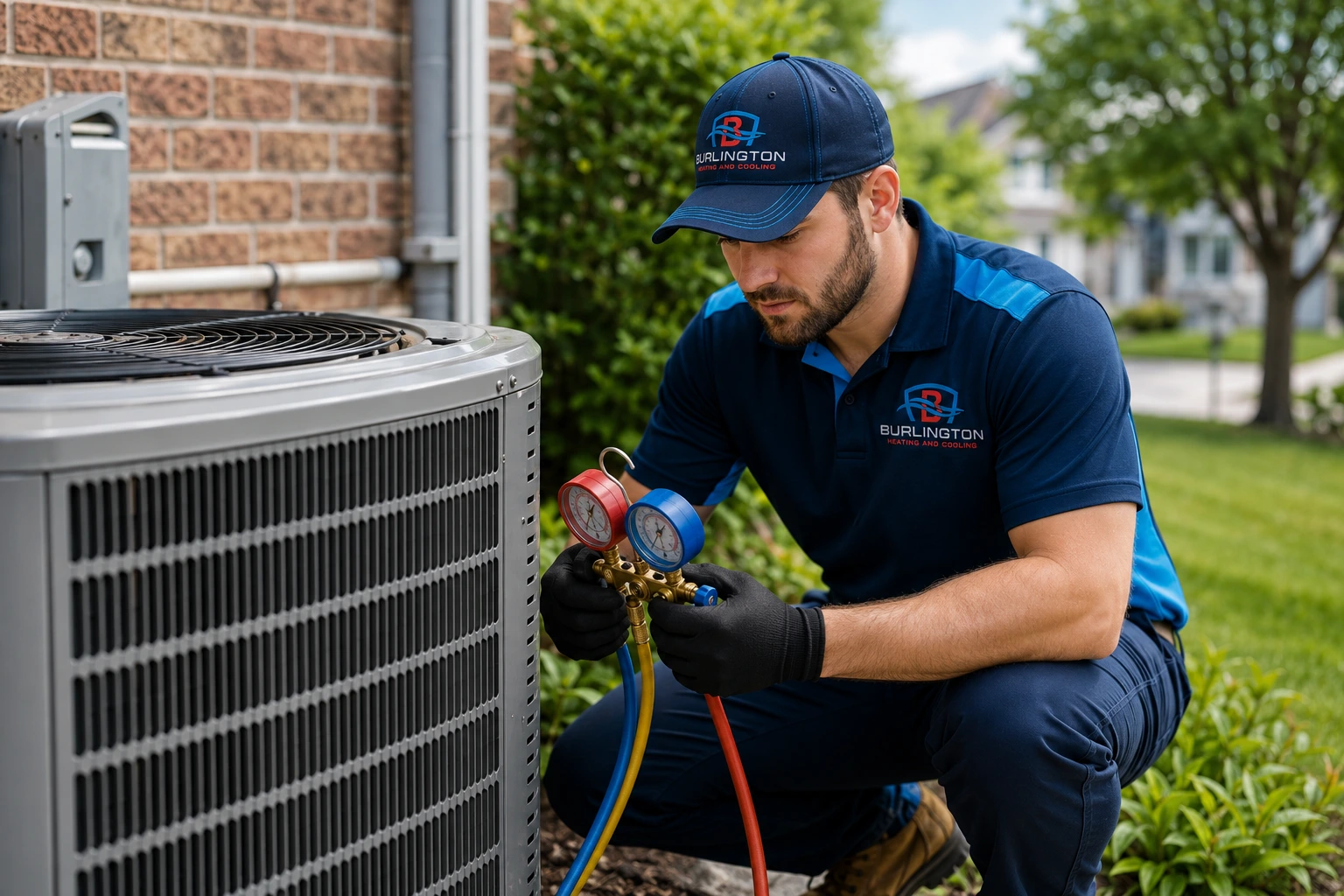 technician completing a heat pump maintenance checklist on an outdoor unit in Burlington Ontario
