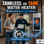 Premium side-by-side comparison of a traditional tank water heater and a wall-mounted tankless water heater in a Burlington home, with infographic icons highlighting hot water storage, energy efficiency, installation cost, lifespan, and space-saving benefits.