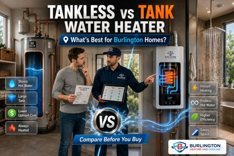 Premium side-by-side comparison of a traditional tank water heater and a wall-mounted tankless water heater in a Burlington home, with infographic icons highlighting hot water storage, energy efficiency, installation cost, lifespan, and space-saving benefits.