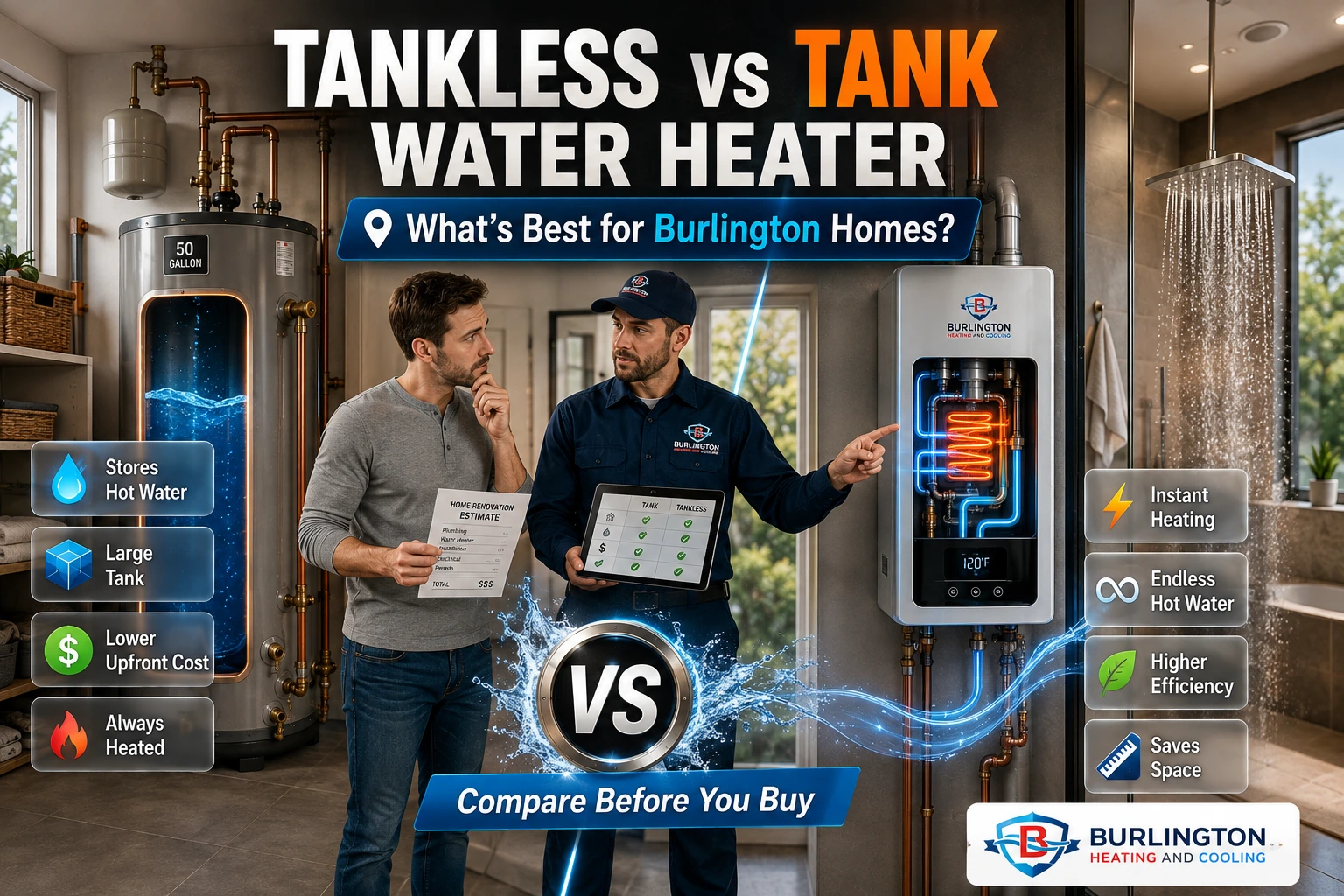 Premium side-by-side comparison of a traditional tank water heater and a wall-mounted tankless water heater in a Burlington home, with infographic icons highlighting hot water storage, energy efficiency, installation cost, lifespan, and space-saving benefits.